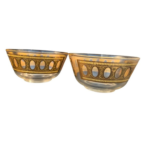 Vintage Set of 2 Signed Culver Antigua Glass Dip Bowls 5” Crackled Gold - Picture 1 of 11
